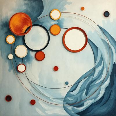 The primary subject of the image is a painting featuring a blue and orange color scheme. The painting is a combination of circles and other shapes, creating a visually appealing and dynamic composition. The setting is a wall, and the visual style appears to be a mix of digital art and illustration. The dominant colors in the painting are blue and orange, which contribute to a lively and vibrant atmosphere.
